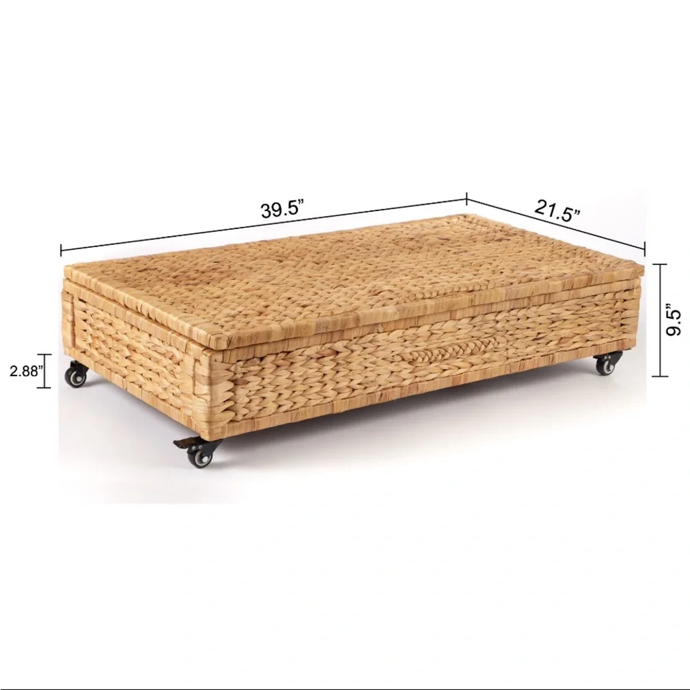 Organic Modern Storage Ottoman Coffee Table Woven Hyacinth Basket on Wheels NEW
